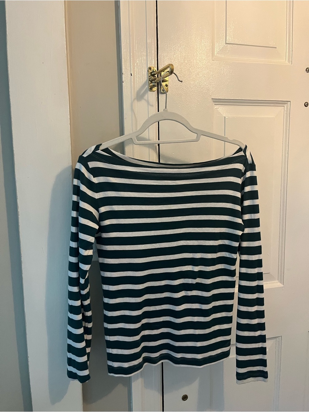 Striped Long-Sleeve Boatneck Top - Dark Green & Whites